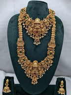 Jewel City Grand South Indian Temple Bridal Necklace Set for Women – Antique Gold-Plated Lakshmi Haram with Choker & Jhumka