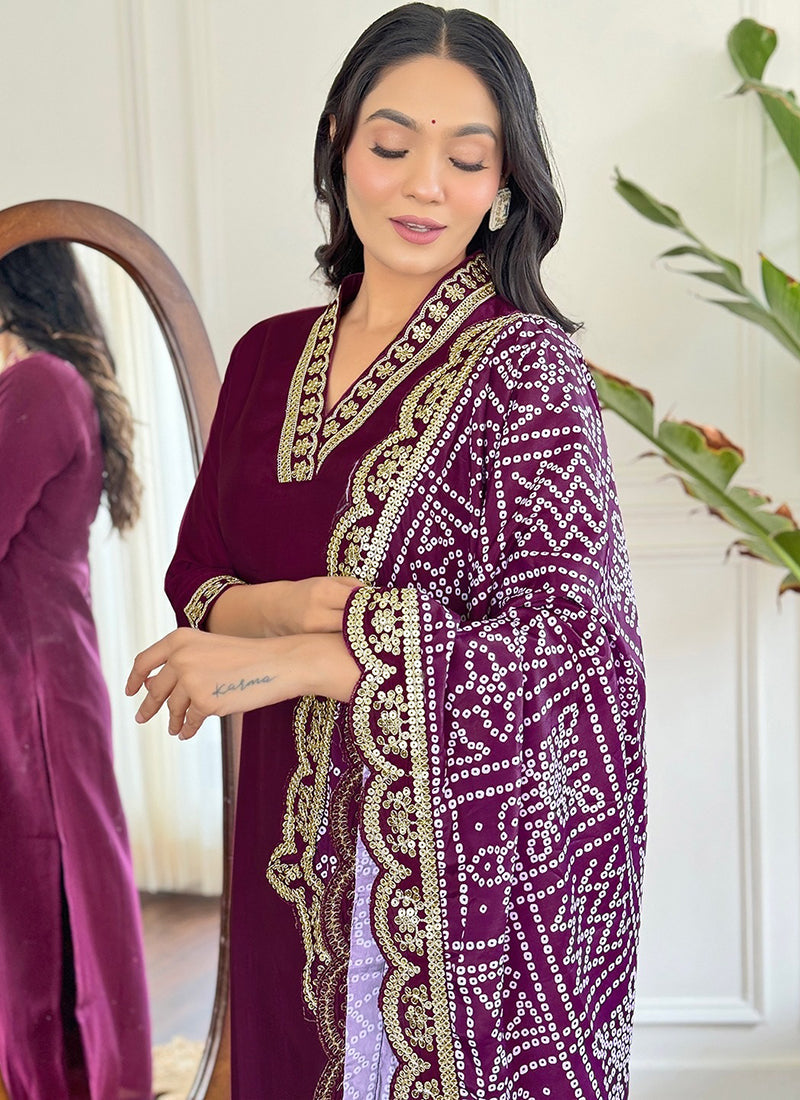 Vellora Viscose Silk Wine Casual Wear Bandhani Print Readymade Suit - Distacart