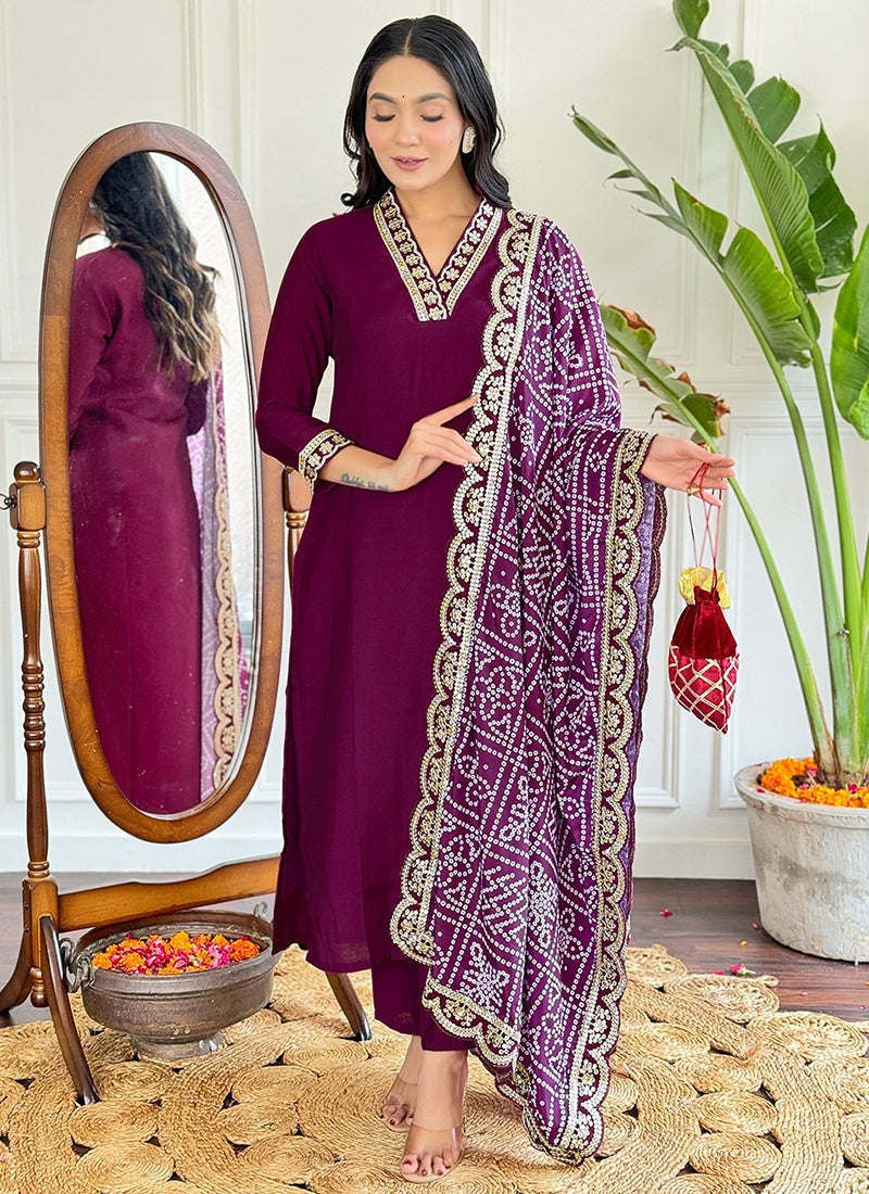 Vellora Viscose Silk Wine Casual Wear Bandhani Print Readymade Suit - Distacart