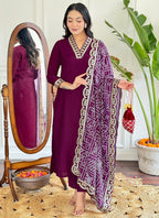 Vellora Viscose Silk Wine Casual Wear Bandhani Print Readymade Suit - Distacart