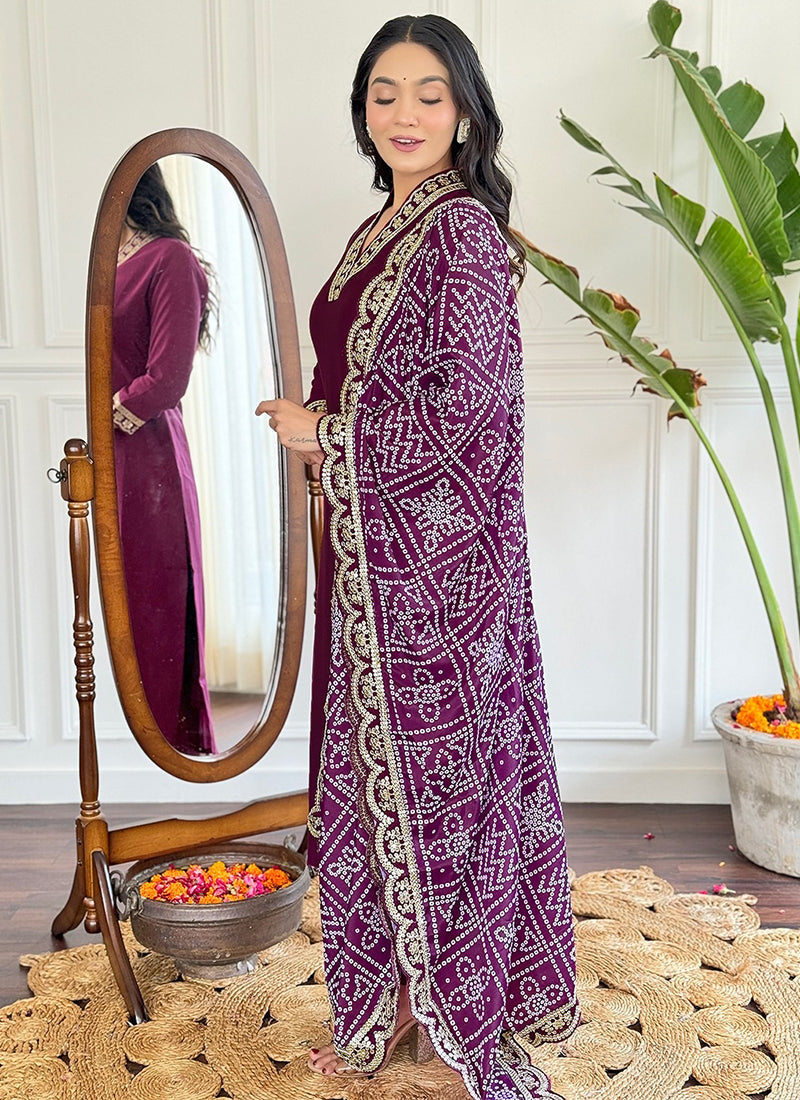 Vellora Viscose Silk Wine Casual Wear Bandhani Print Readymade Suit - Distacart