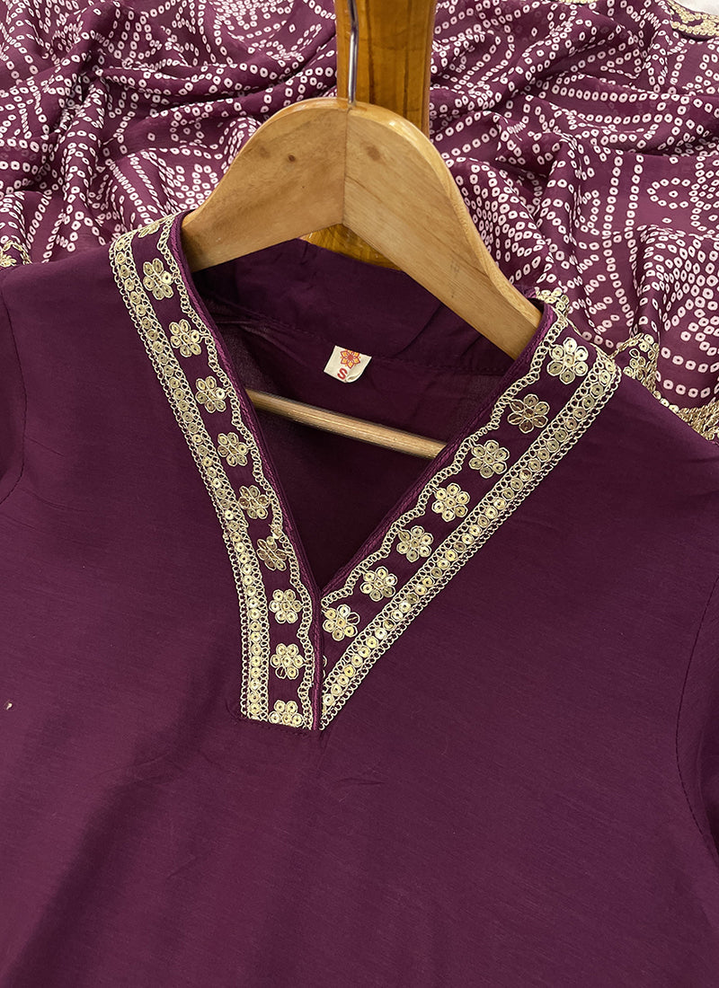 Vellora Viscose Silk Wine Casual Wear Bandhani Print Readymade Suit - Distacart