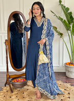 Vellora Viscose Silk Blue Casual Wear Bandhani Print Readymade Suit - Distacart