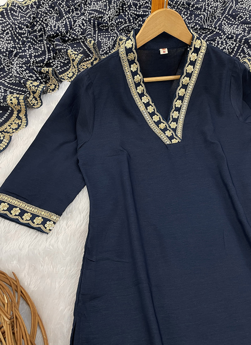Vellora Viscose Silk Blue Casual Wear Bandhani Print Readymade Suit - Distacart