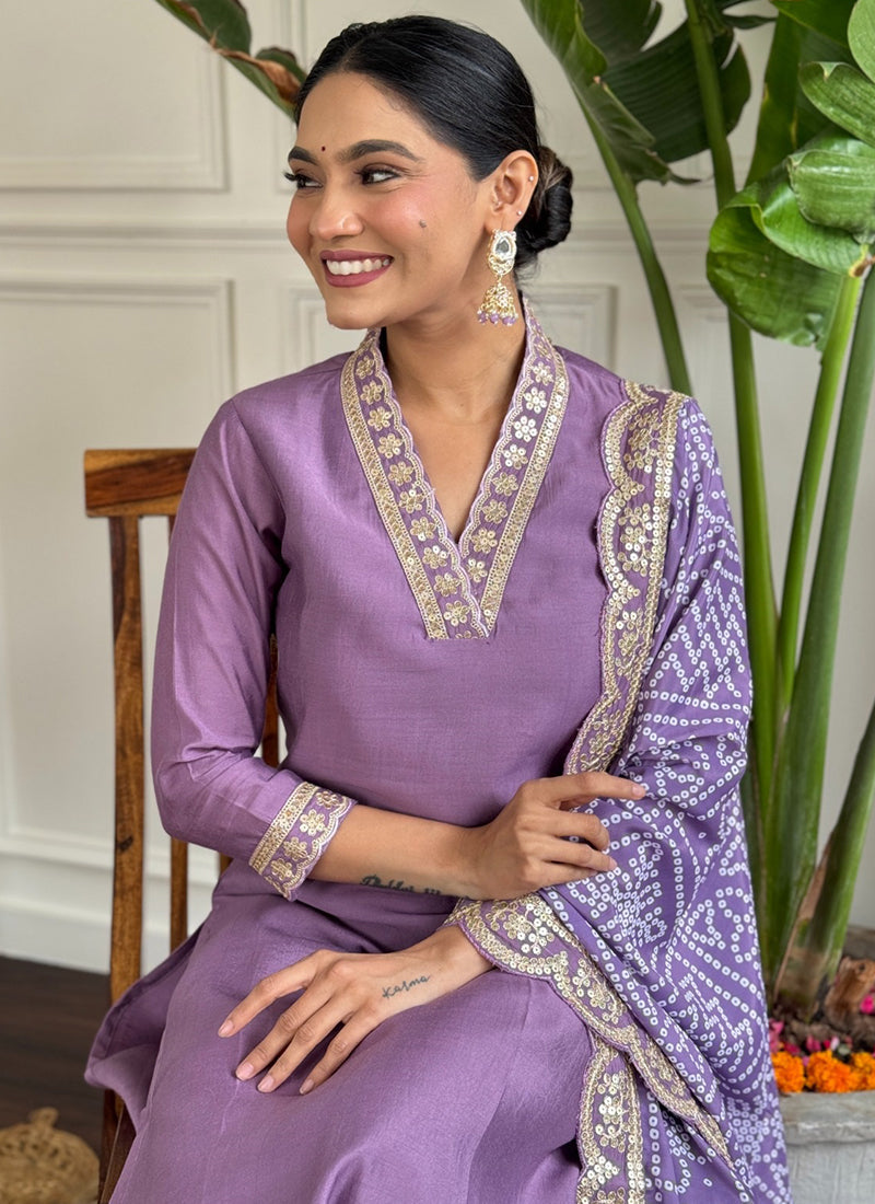 Vellora Viscose Silk Lavender Casual Wear Bandhani Print Readymade Suit - Distacart