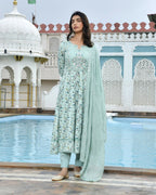 Vaasva Women's Sky Blue Cotton Anarkali Set With Solid Pant And Embroidered Dupatta