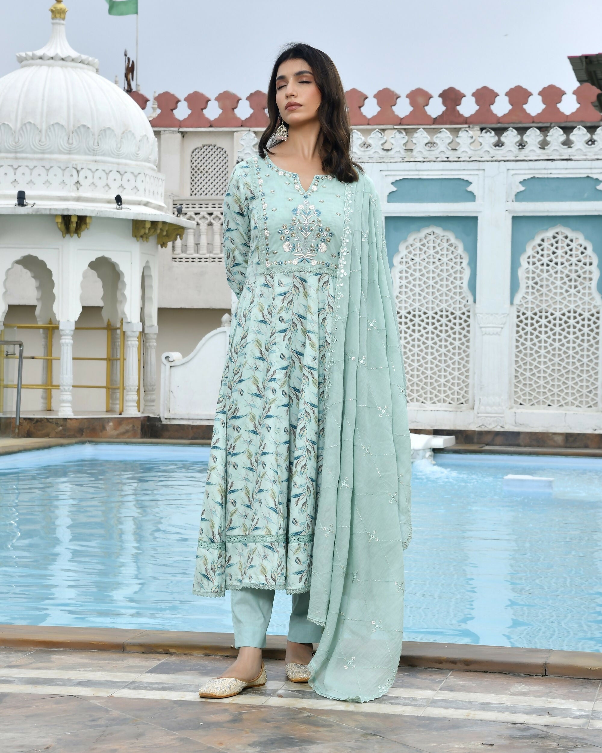 Vaasva Women's Sky Blue Cotton Anarkali Set With Solid Pant And Embroidered Dupatta