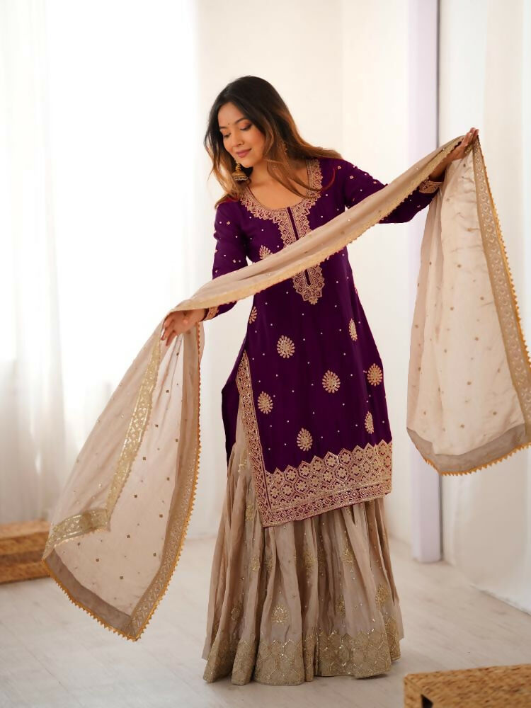 Lehenga Mart Designer Sharara Suit With Kurta, Sharara, Dupatta For Women-Wine - Distacart