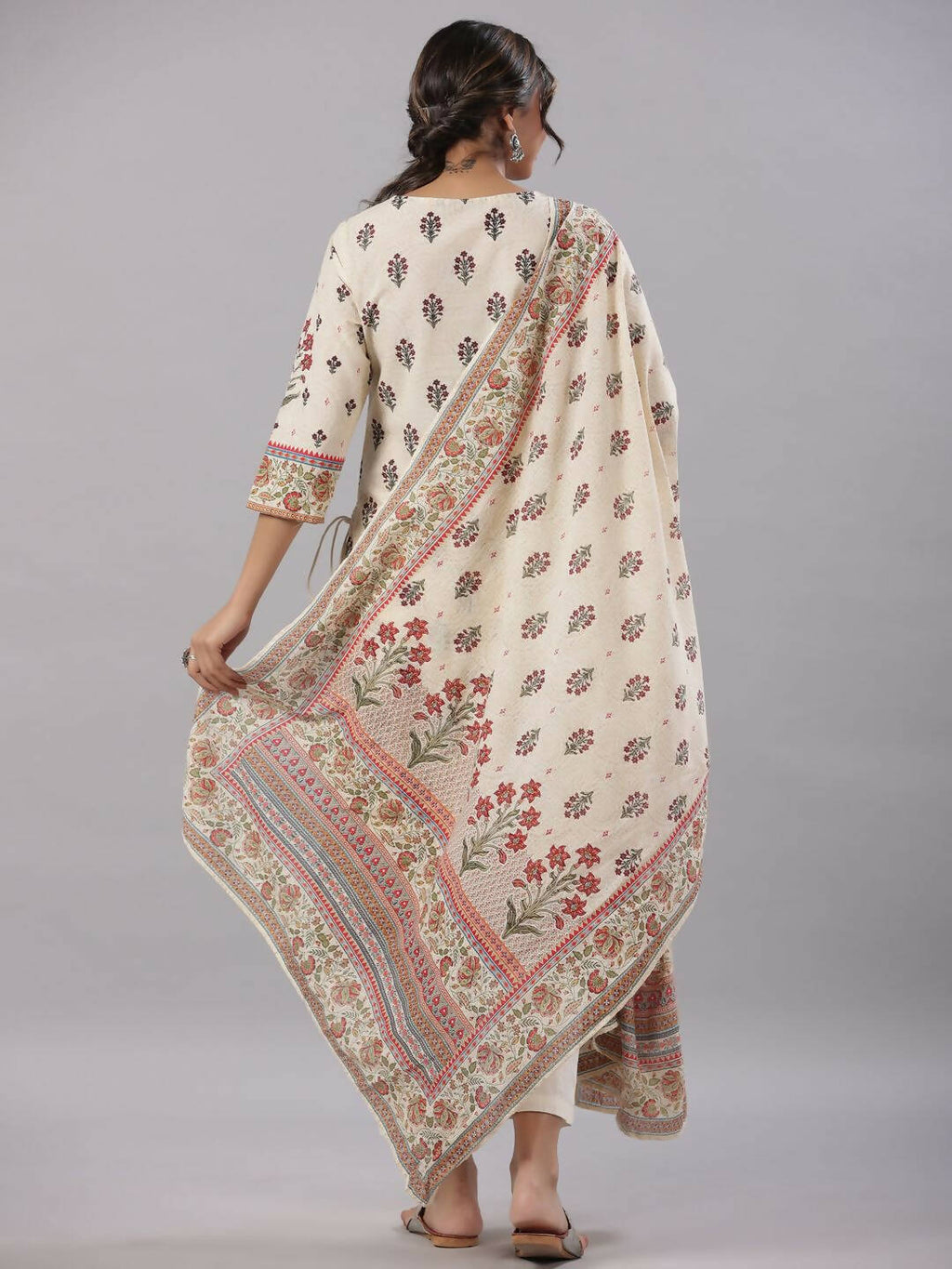 Juniper Women's Beige Cambric Floral Placement Printed Straight Fit Kurta Sets - Distacart