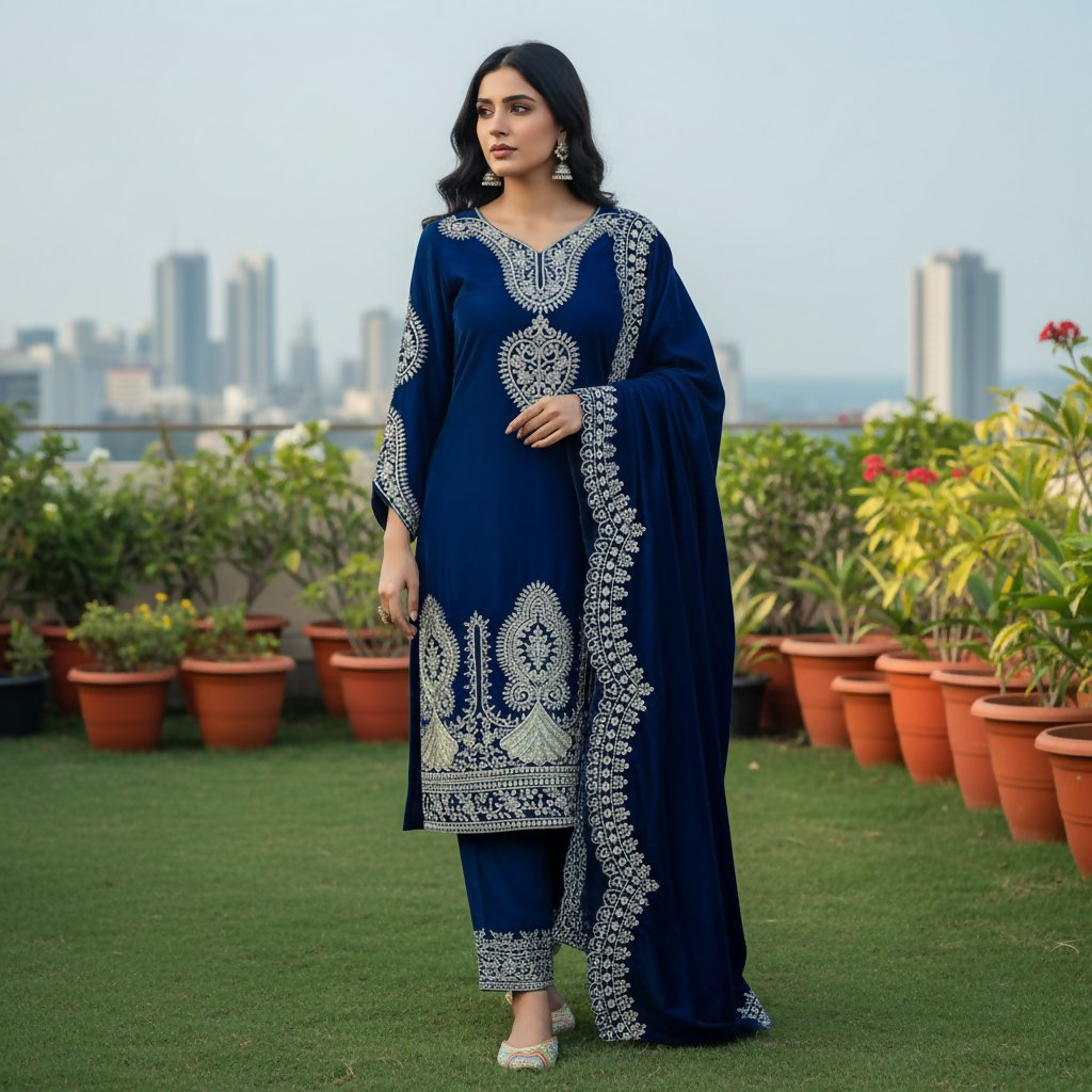 Teeya Creation Blue Color Velvet Designer Embroidery Work party Wear Suit - Distacart