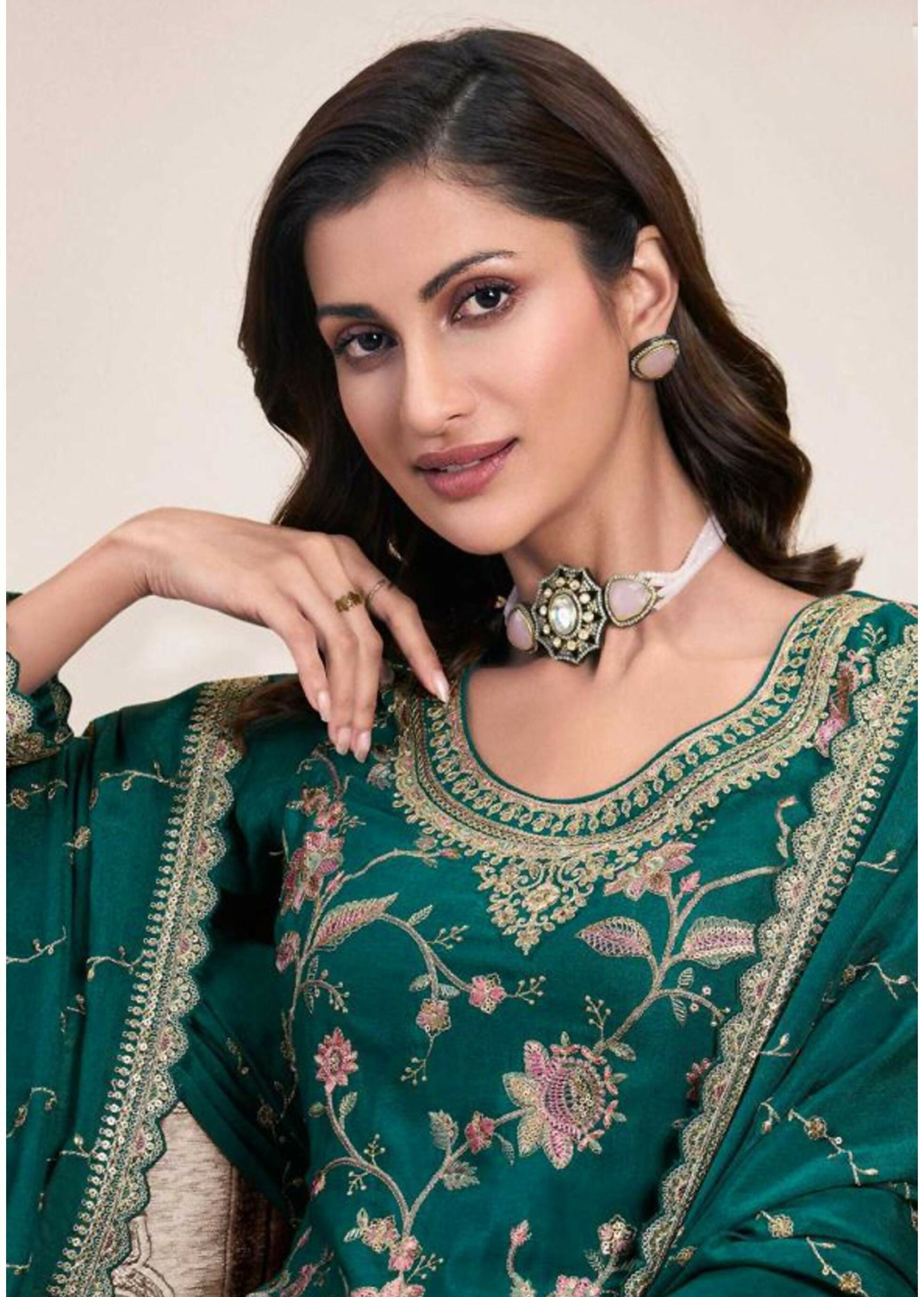 Anaita Green Heavy Chinon With Embroidery Sharara Suit (bottom Stitched) - Distacart
