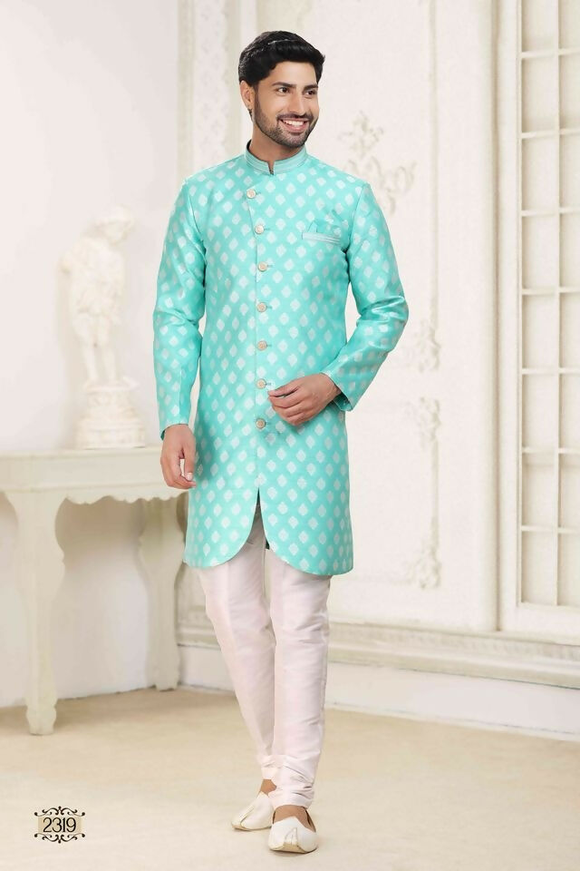 Raivat Ethnic Banarasi Jacquard Embroidery Semi Indo Western Sherwani In Green Colour