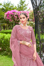 Pink Net Embroidered Semi Stitched Lehenga Choli with Dupatta - Bhagya