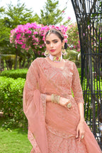 Peach Net Embroidered Semi Stitched Lehenga Choli with Dupatta - Bhagya