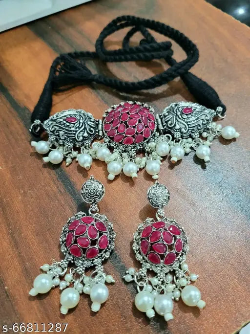 Tehzeeb Creations Women's Maroon Colour Meenakari Necklace Set With White Pearl