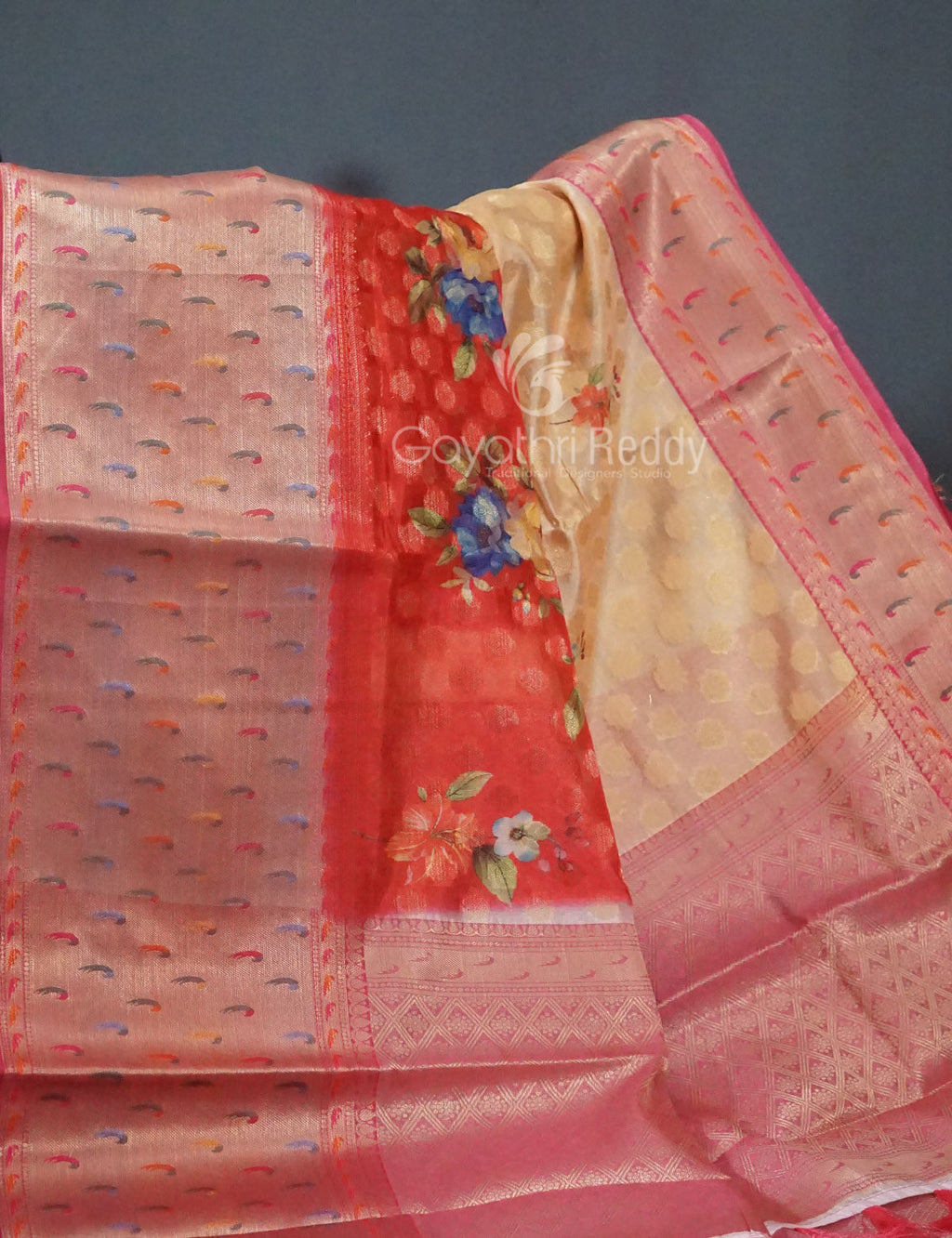 Shades of Red Colour Floral Design Banaras Semi Silk Saree By Gayathri Reddy Designer Studio