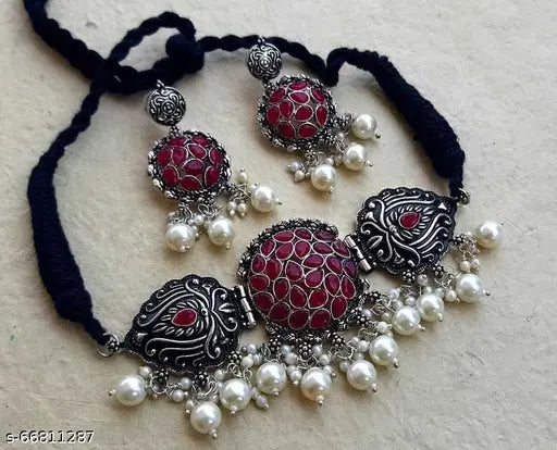 Tehzeeb Creations Women's Maroon Colour Meenakari Necklace Set With White Pearl