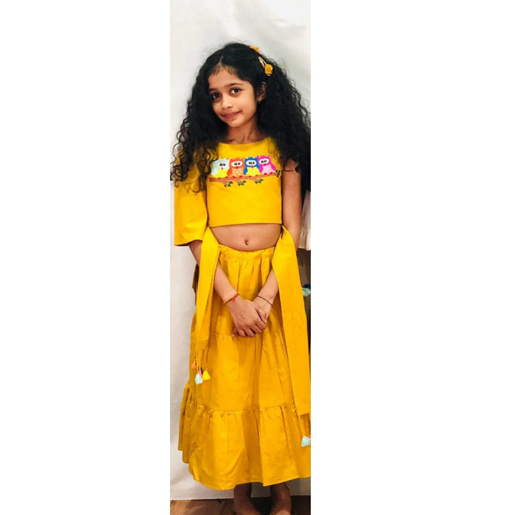 ArthLife Owl Embroidery Mustard Yellow Ghagara Dress