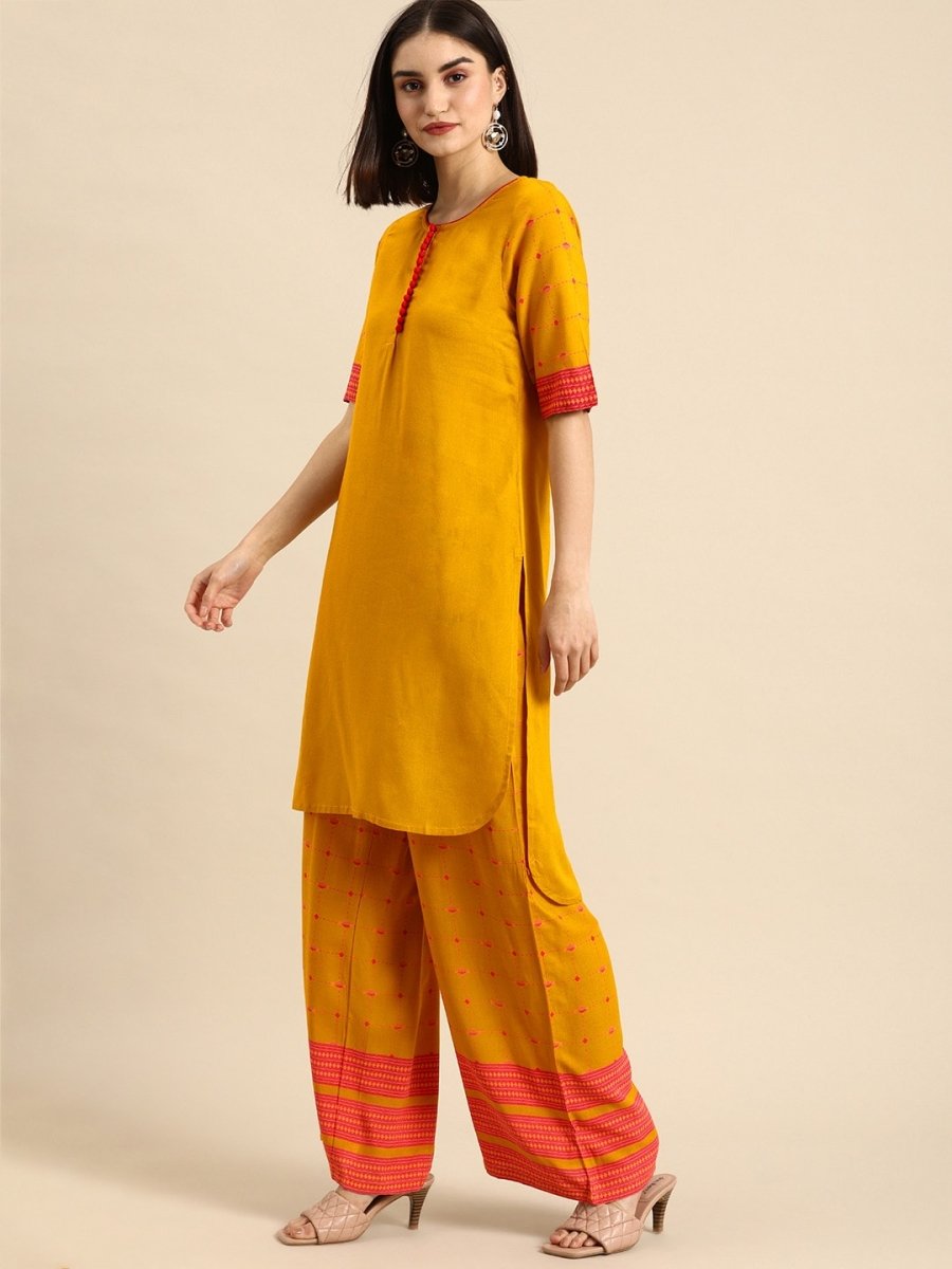 All About You Women Mustard Yellow & Pink Round Neck Regular Kurta with Palazzos