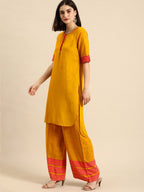 All About You Women Mustard Yellow & Pink Round Neck Regular Kurta with Palazzos
