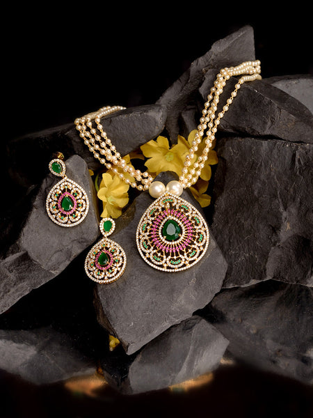 Saraf RS Jewellery Women Gold-Polished Multi Coloured AD Studded Pearl Mala & Earrings Set