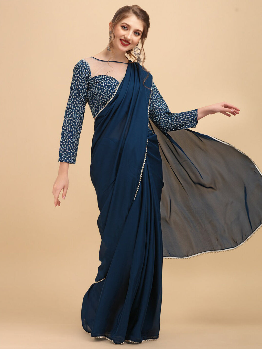 Sangria Satin Saree With Beads & Stones Embellished Border - Distacart