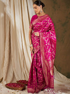 Sangria Pink & Gold-Toned Floral Woven Design Zari Banarasi Saree - Distacart