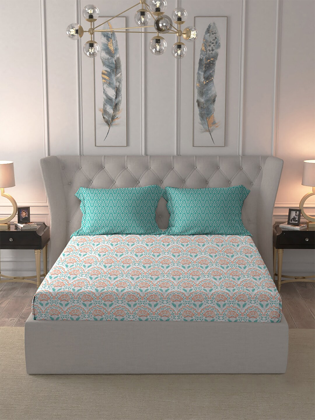 MYTRIDENT Orange Blue Ethnic Motifs Pure Cotton 120 TC Queen Bedsheet With 2 Pillow Covers