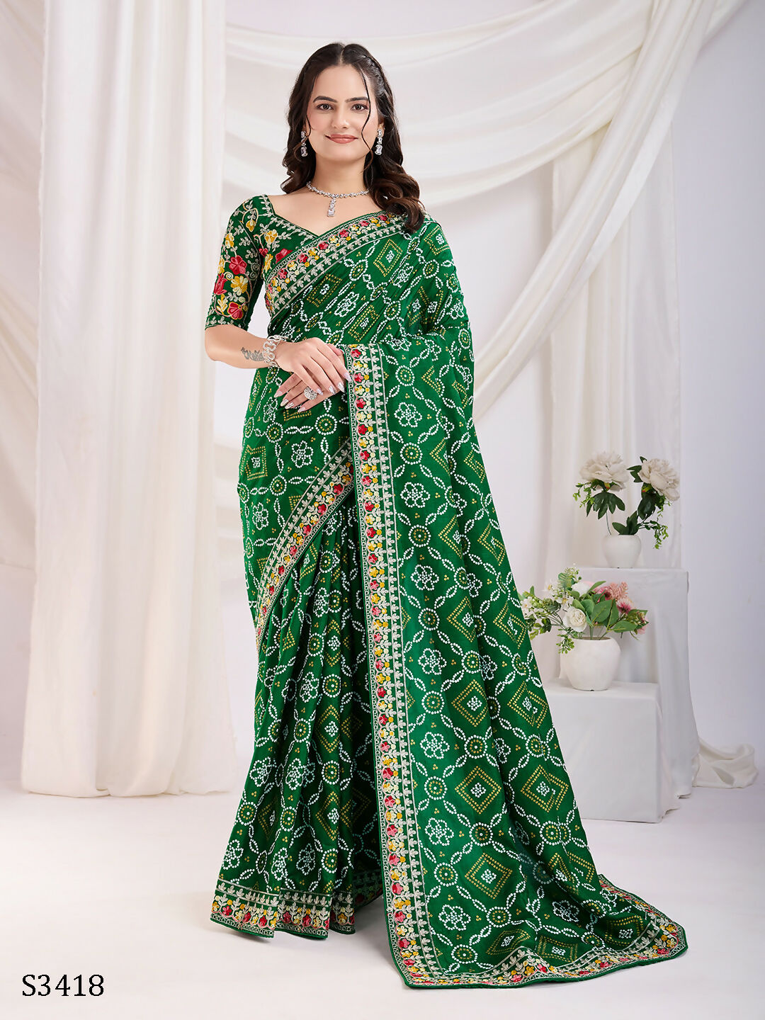 Green Vichitra Silk Bandhani Printed, Embroidery Work Saree - Ditya