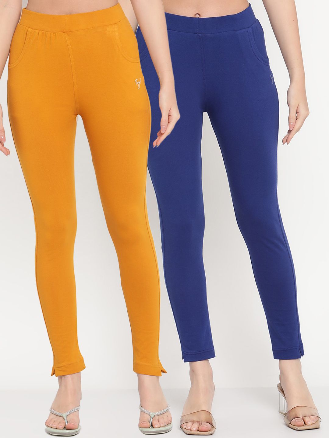 TAG 7 Women Blue & Mustard Yellow Pack of 2 Straight Fit Ankle-Length Leggings