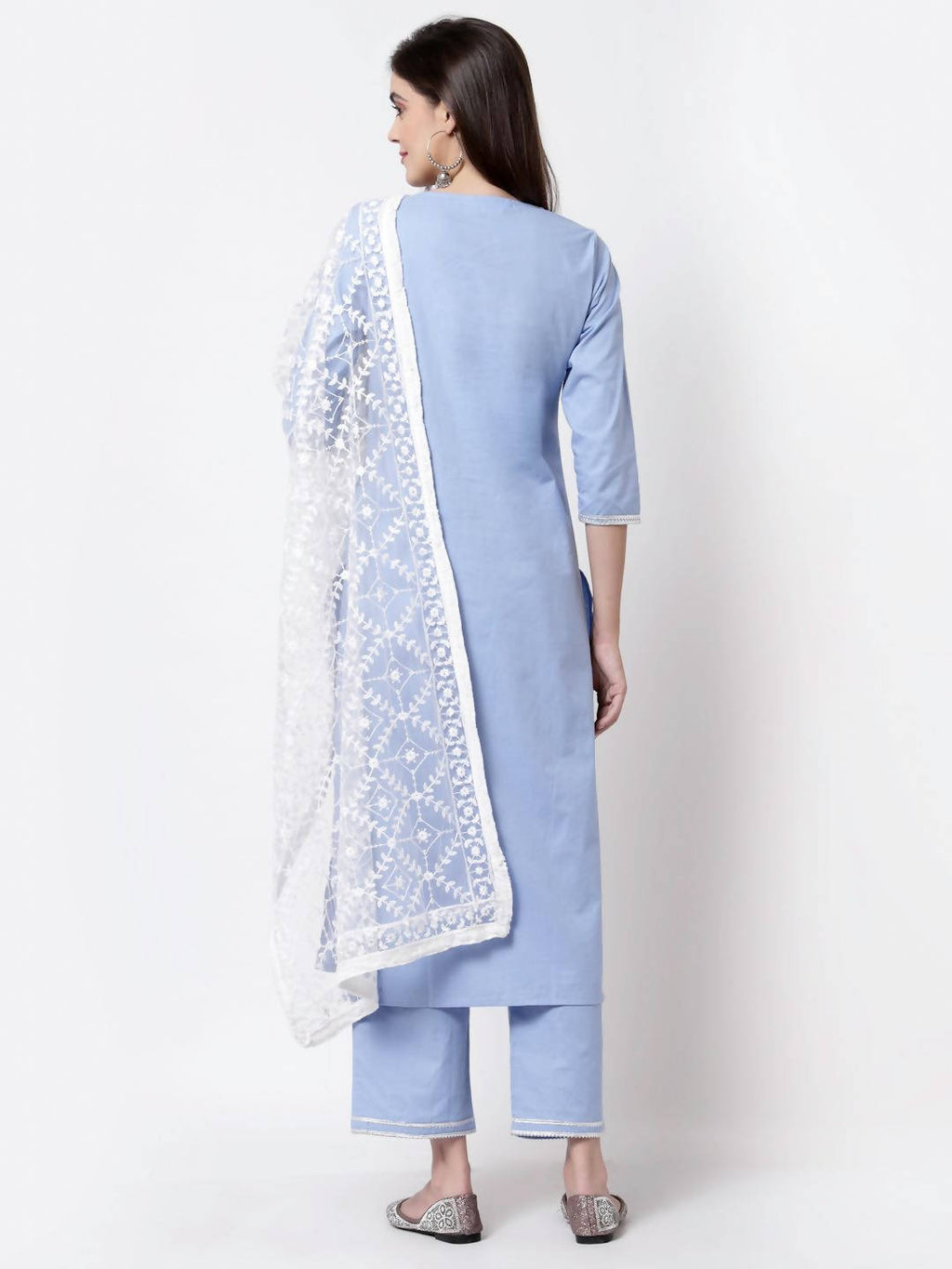 Myshka Blue Cotton 3/4 Sleeve Round Neck Solid Casual Kurta Pant Dupatta Set