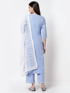 Myshka Blue Cotton 3/4 Sleeve Round Neck Solid Casual Kurta Pant Dupatta Set