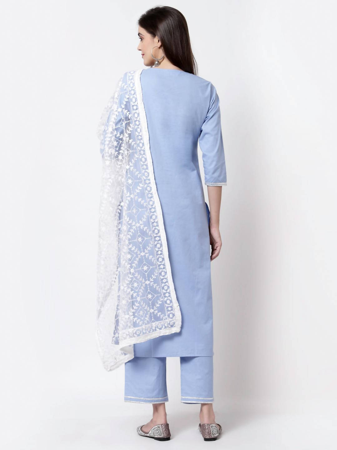 Myshka Blue Cotton 3/4 Sleeve Round Neck Solid Casual Kurta Pant Dupatta Set