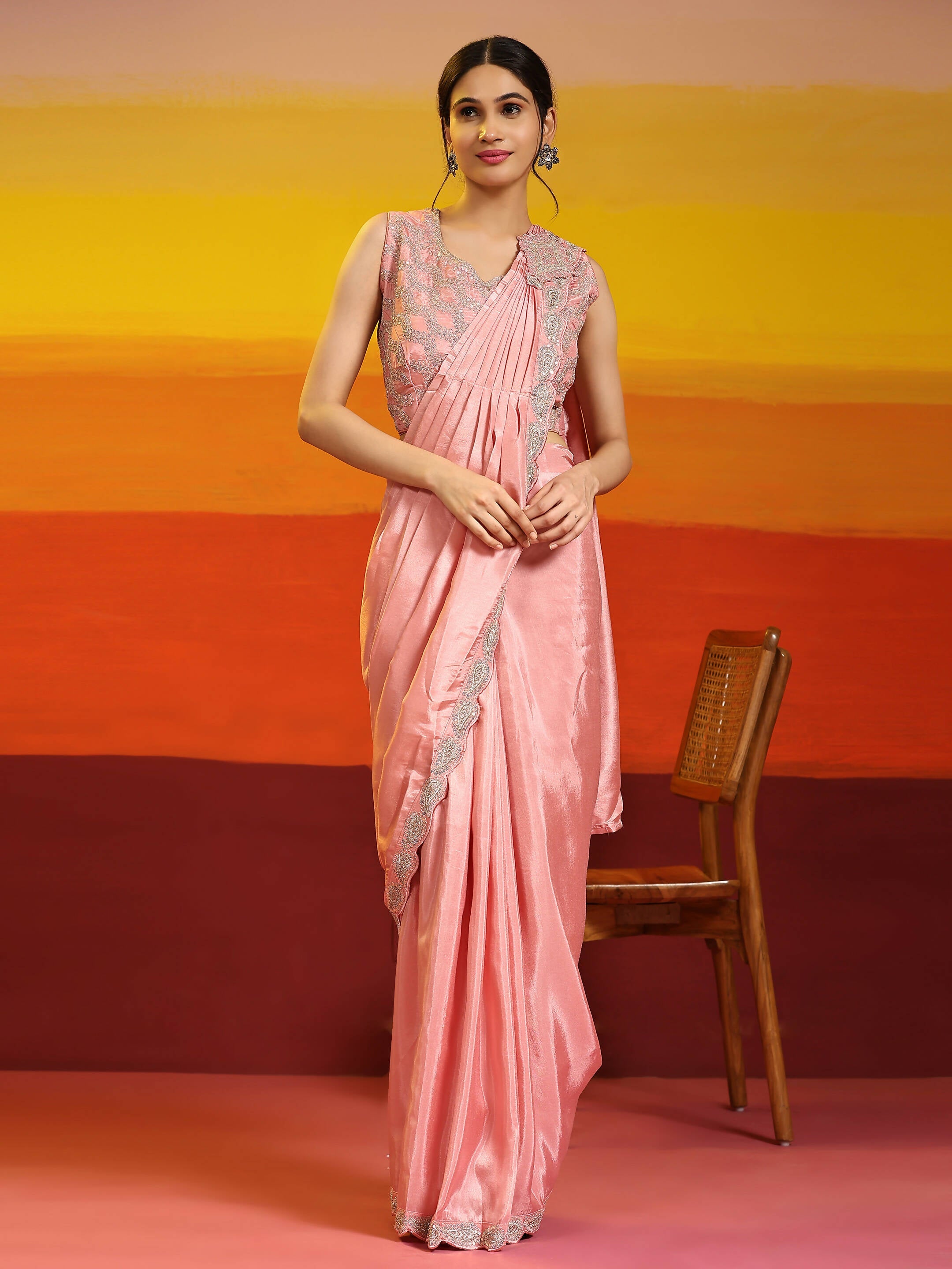 Peach Silk Satin Plain Ready to wear Saree with stitched Blouse - Vrinda