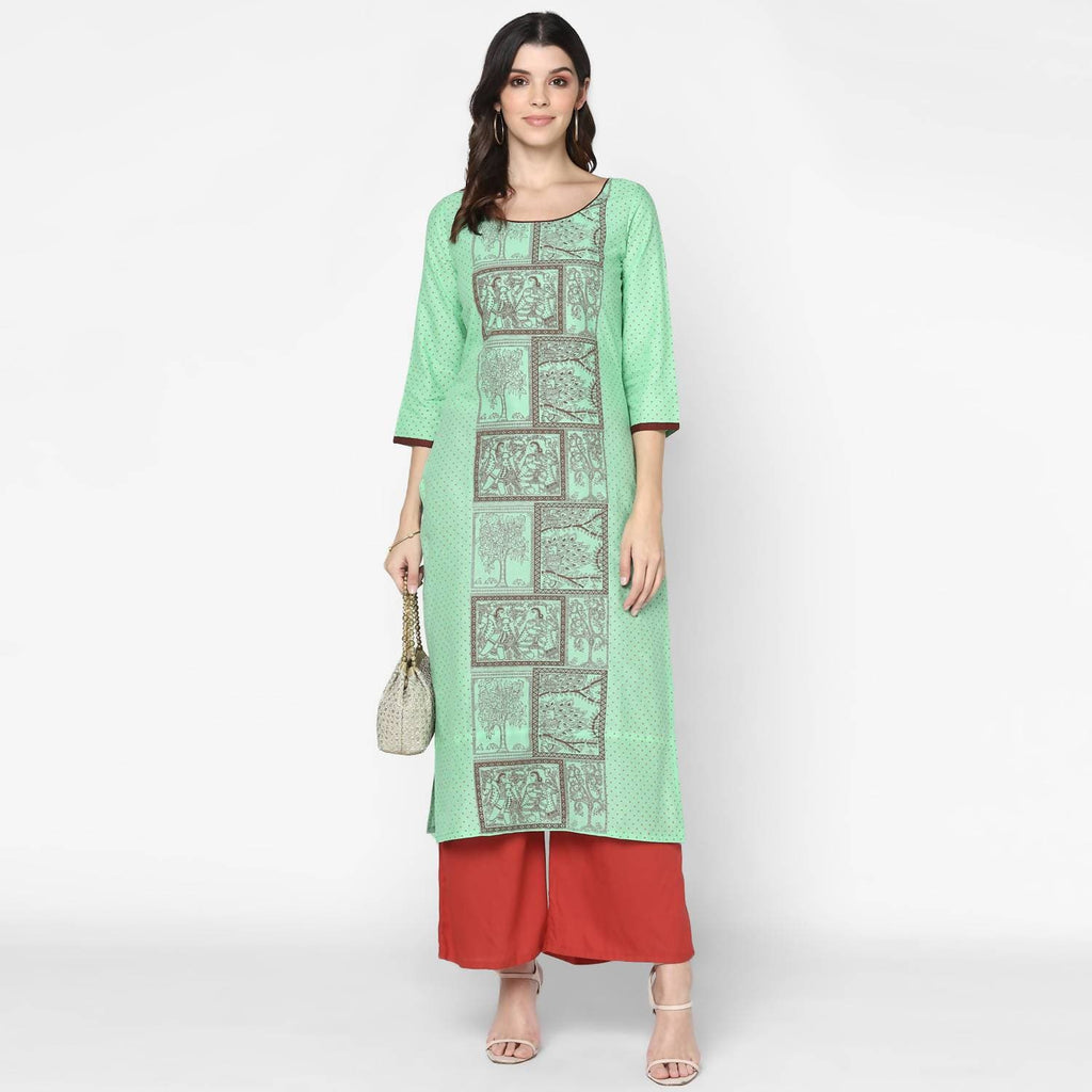 Cheera Hand Block Print Light Green Anarkali Kurta (MAAI-064K)