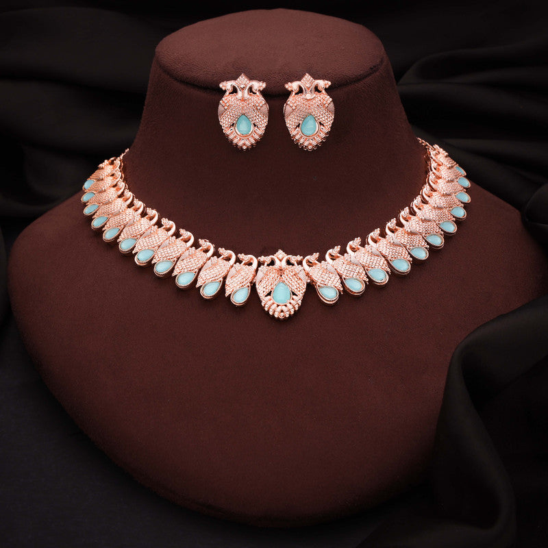 Tehzeeb Creations Rose Gold Sky Blue Colour Necklace With Pair Of Earrings