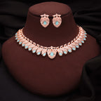 Tehzeeb Creations Rose Gold Sky Blue Colour Necklace With Pair Of Earrings