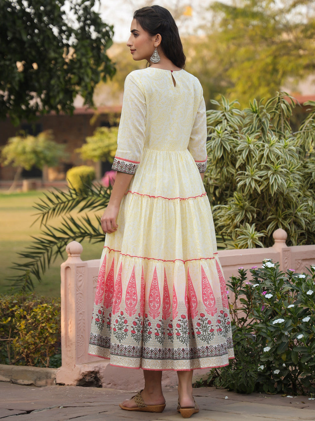 Juniper Yellow Ethnic Motif Printed Cotton Voile Maxi Dress With Thread Embroidery - Distacart