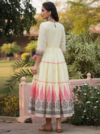 Juniper Yellow Ethnic Motif Printed Cotton Voile Maxi Dress With Thread Embroidery - Distacart