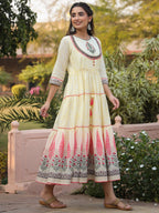 Juniper Yellow Ethnic Motif Printed Cotton Voile Maxi Dress With Thread Embroidery - Distacart