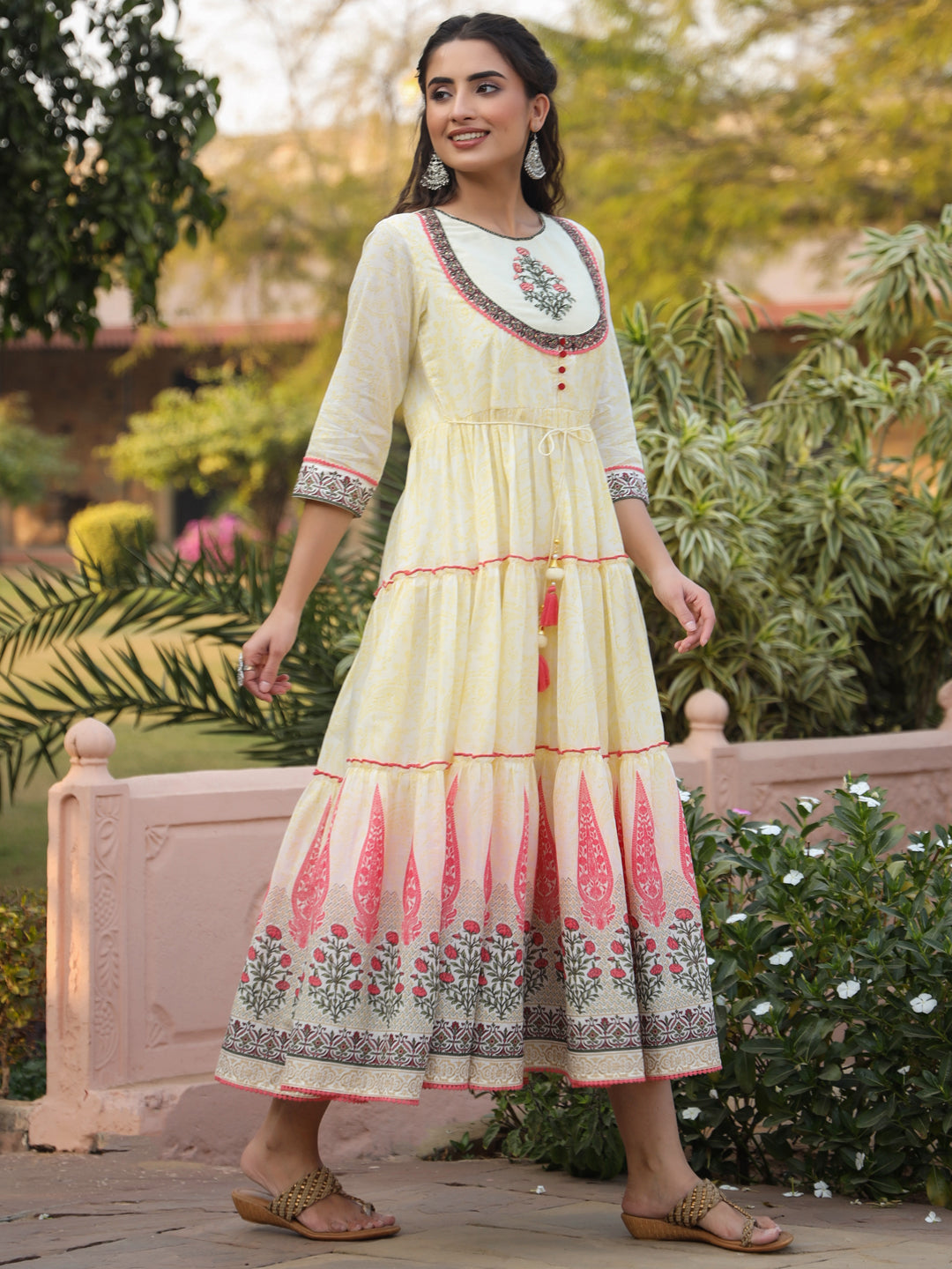Juniper Yellow Ethnic Motif Printed Cotton Voile Maxi Dress With Thread Embroidery - Distacart