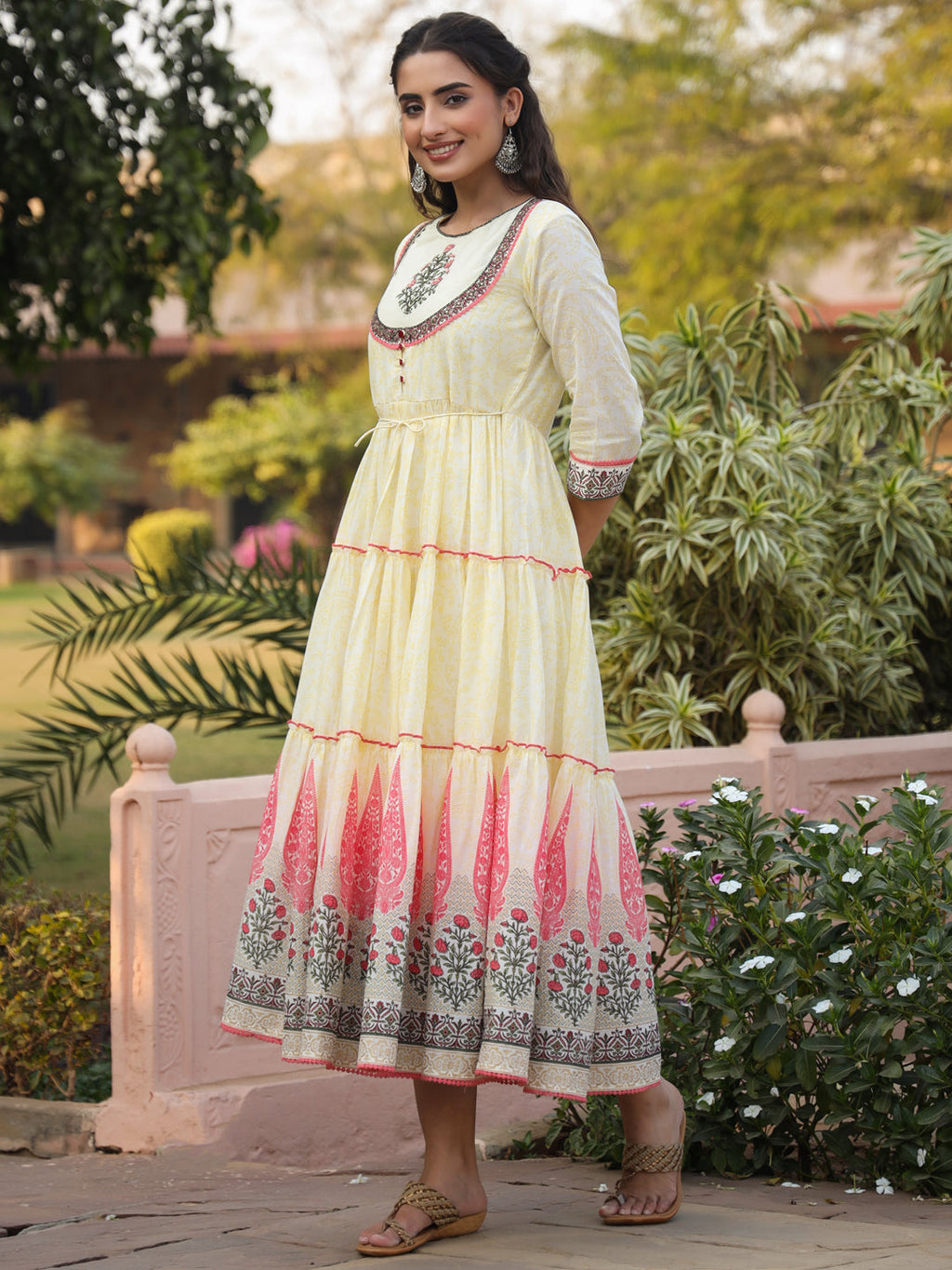 Juniper Yellow Ethnic Motif Printed Cotton Voile Maxi Dress With Thread Embroidery - Distacart