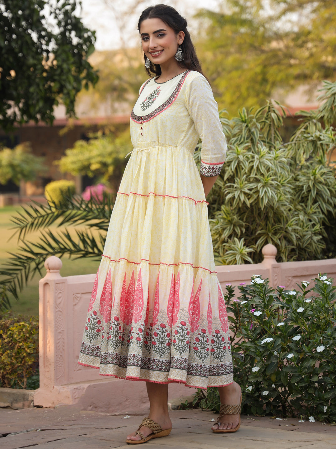 Juniper Yellow Ethnic Motif Printed Cotton Voile Maxi Dress With Thread Embroidery - Distacart