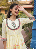 Juniper Yellow Ethnic Motif Printed Cotton Voile Maxi Dress With Thread Embroidery - Distacart