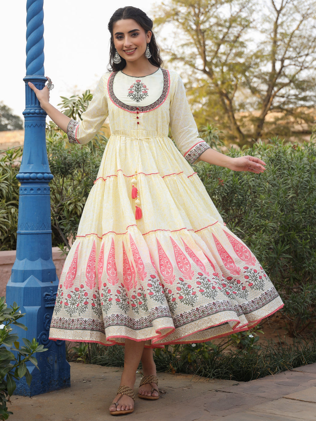 Juniper Yellow Ethnic Motif Printed Cotton Voile Maxi Dress With Thread Embroidery - Distacart