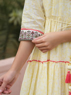 Juniper Yellow Ethnic Motif Printed Cotton Voile Maxi Dress With Thread Embroidery - Distacart