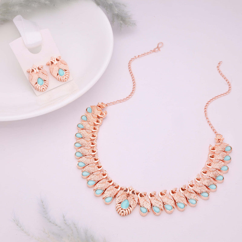 Tehzeeb Creations Rose Gold Sky Blue Colour Necklace With Pair Of Earrings