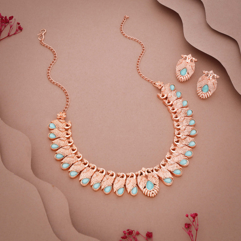 Tehzeeb Creations Rose Gold Sky Blue Colour Necklace With Pair Of Earrings