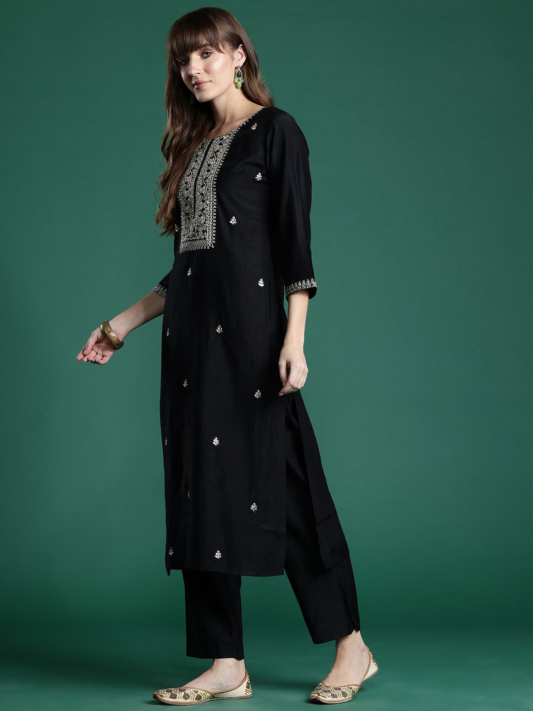 Indo Era Ethnic Motifs Zari Embroidered Liva Kurta With Trousers & Dupatta - Distacart