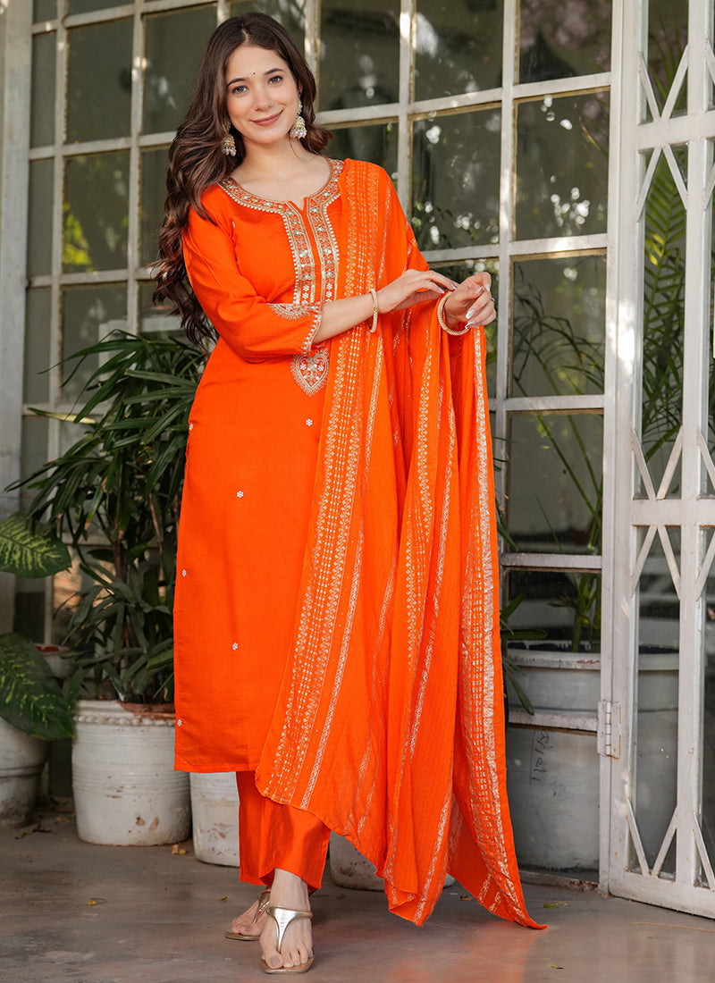 Vellora Viscose Chanderi Orange Festival Wear Sequins Work Readymade Suit - Distacart
